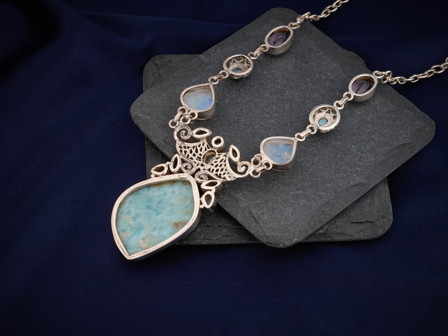 Larimar Multi Stone Silver Statement Necklace