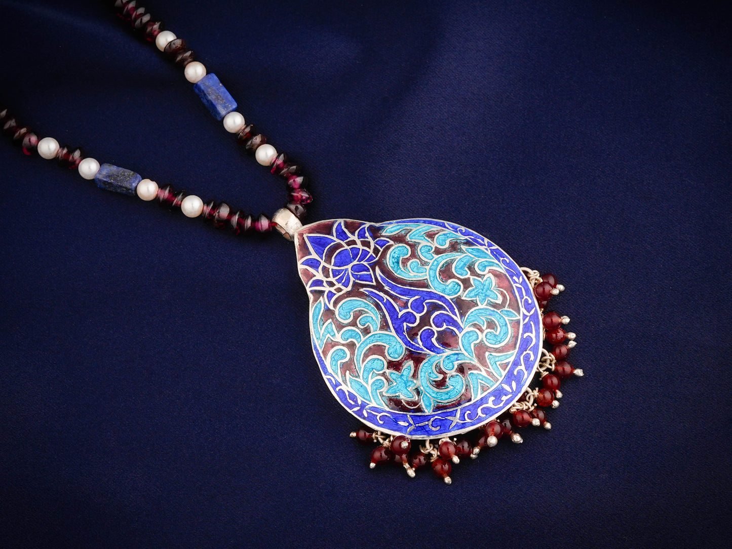 Hand Painted Blue Lotus Enamel Silver Necklace Set