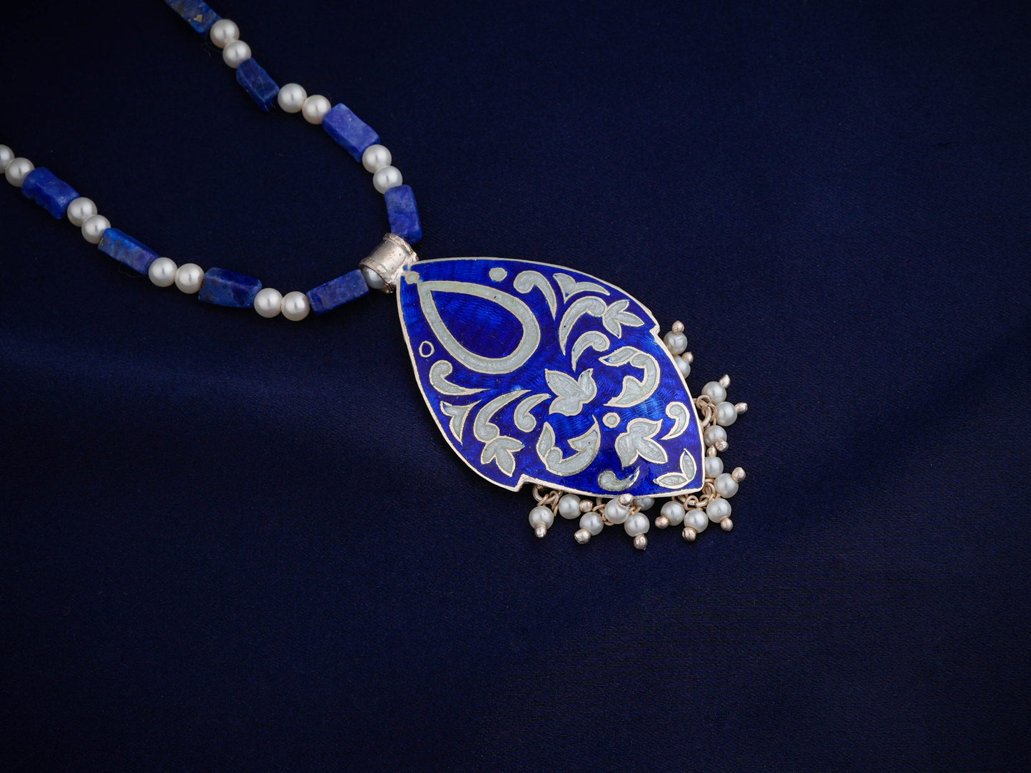 Hand Painted Neeli Kali Enamel Silver Necklace Set