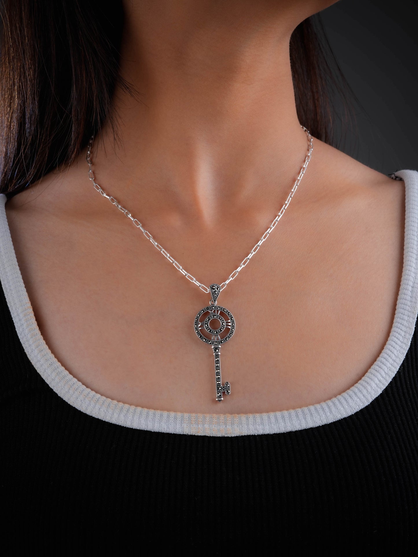 Enchanted Key: Marcasite Silver Pendant