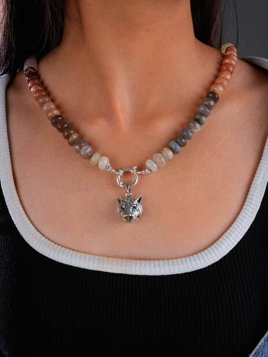 Semiprecious Moonstone Hand Knotted Tiger Necklace