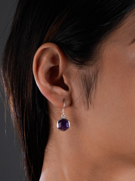 Amethyst Hexagonal Drop Silver Earrings