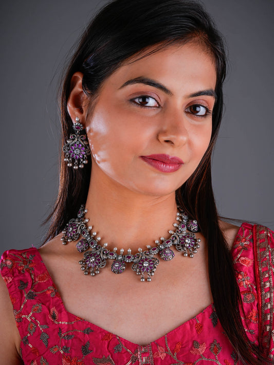 South Indian Peacock Silver Temple Necklace Set