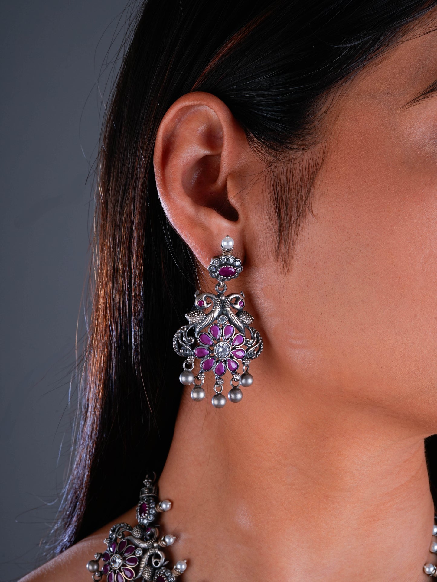 South Indian Peacock Silver Temple Necklace Set