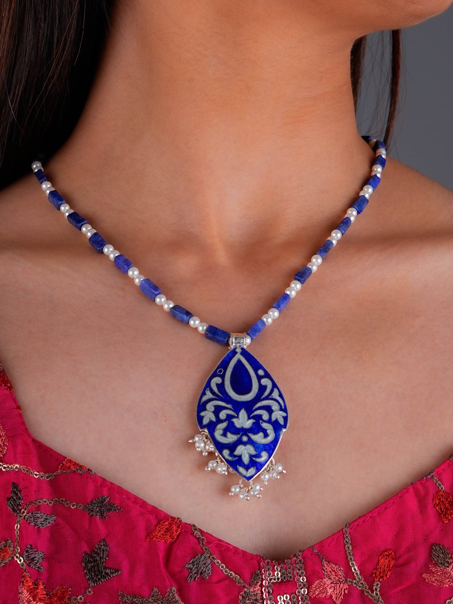 Hand Painted Neeli Kali Enamel Silver Necklace Set
