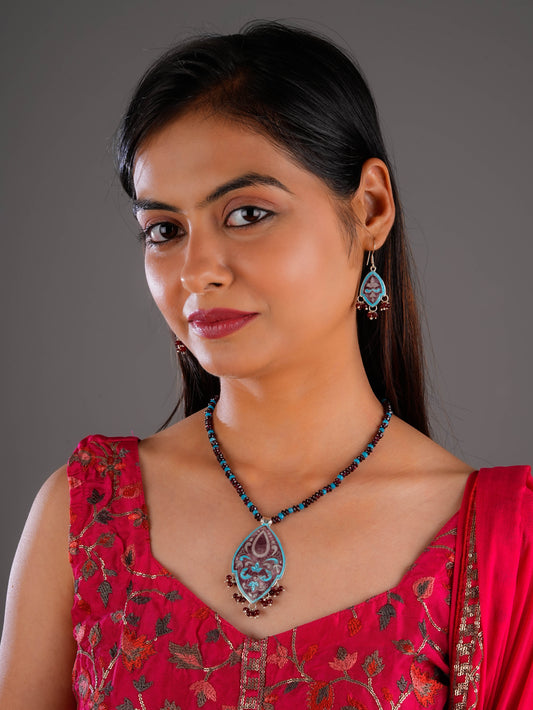 Hand Painted Kamal Kali Enamel Silver Necklace Set