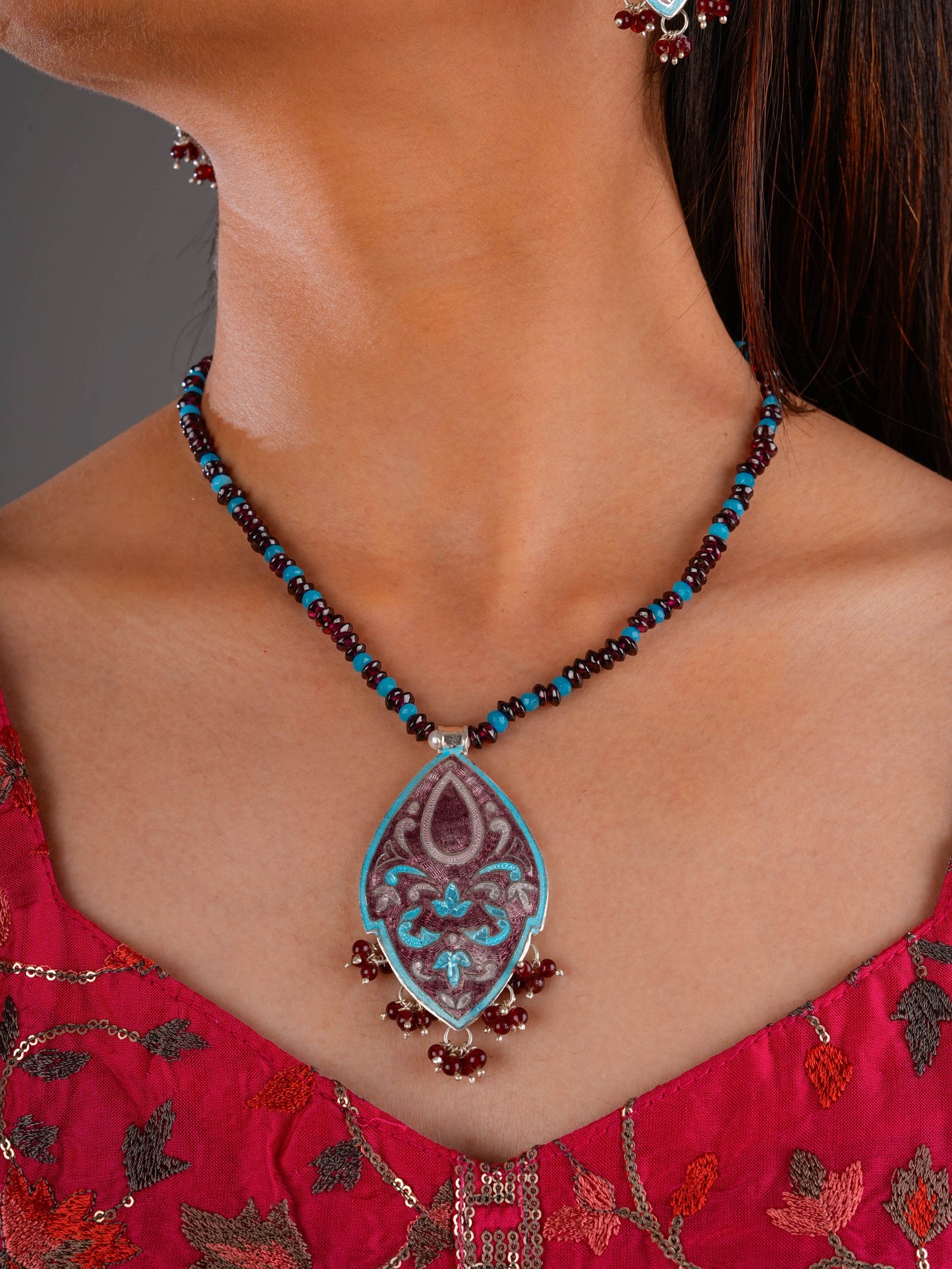 Hand Painted Kamal Kali Enamel Silver Necklace Set