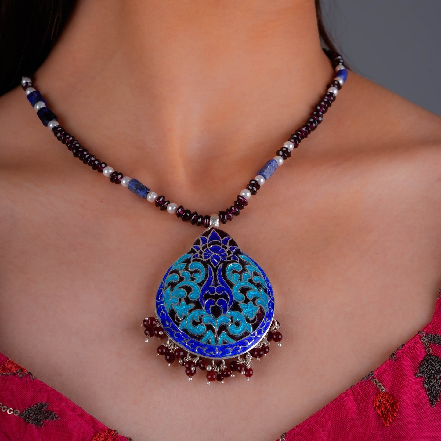 Hand Painted Blue Lotus Enamel Silver Necklace Set