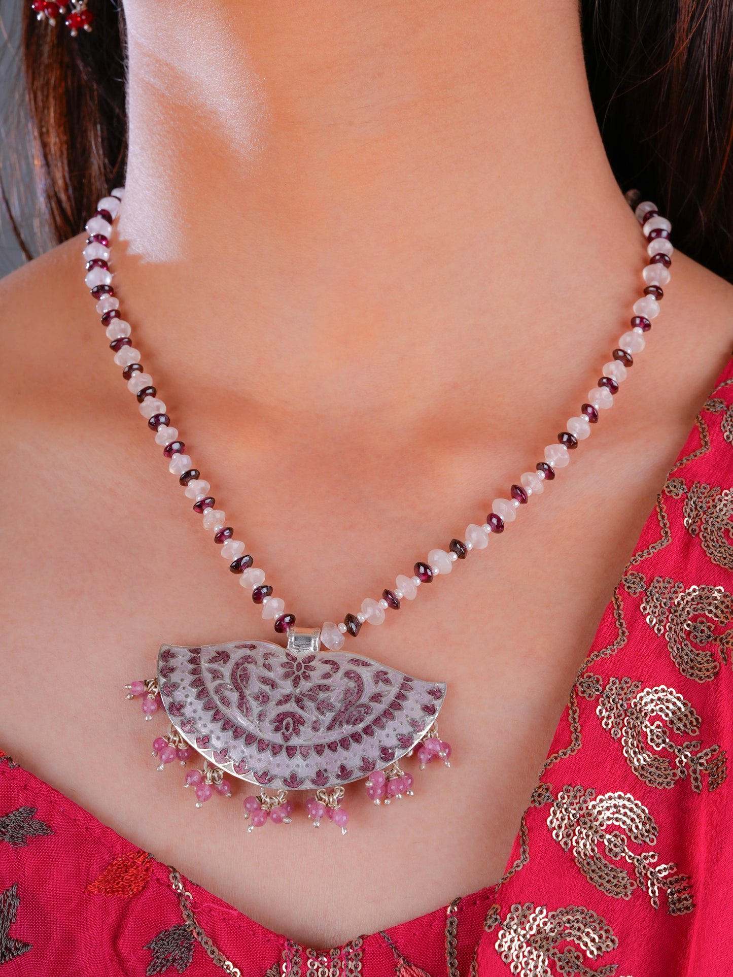 Hand Painted Chaand Enamel Silver Necklace Set