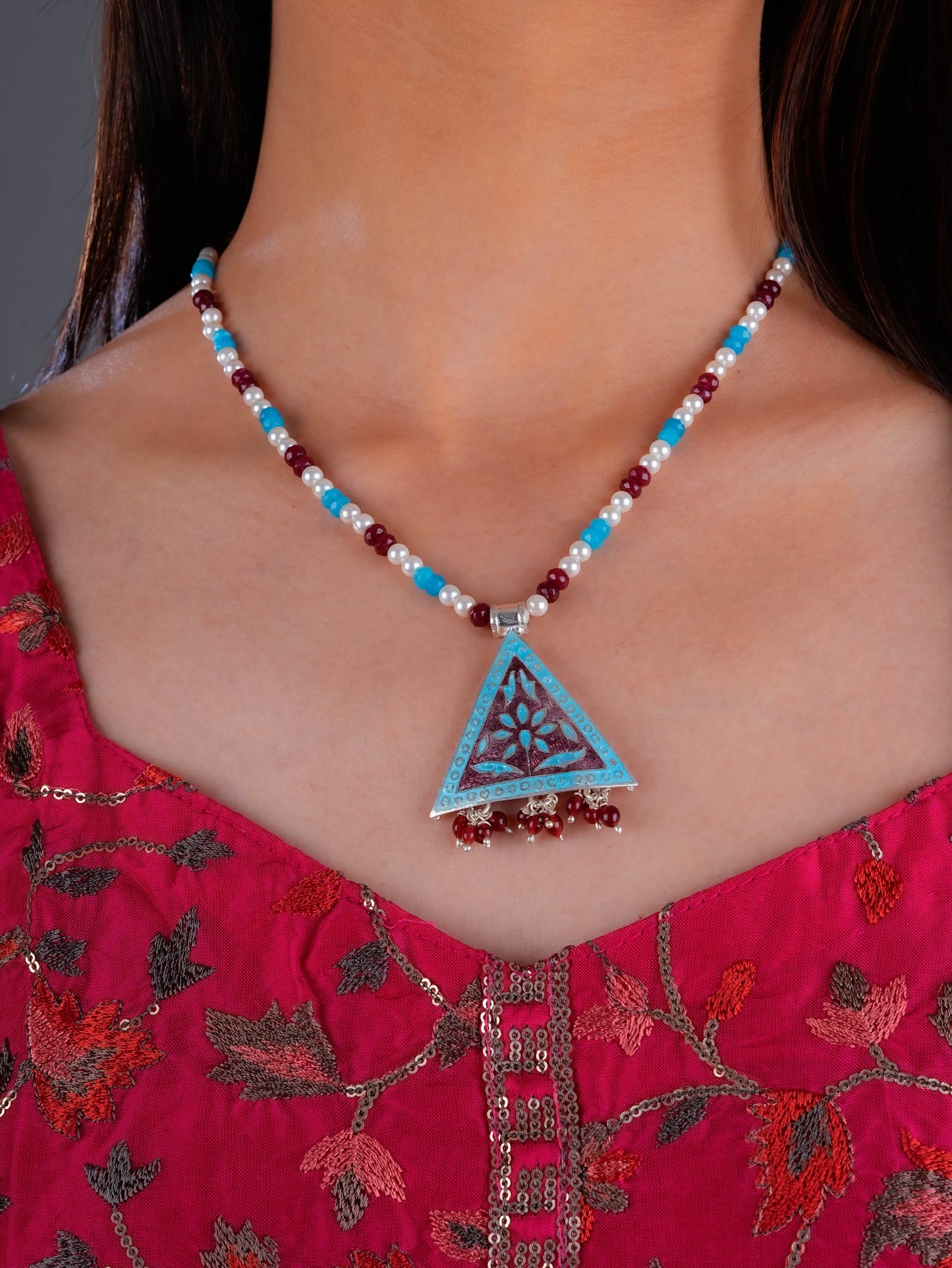 Hand Painted Mystic Triangle Enamel Silver Necklace Set