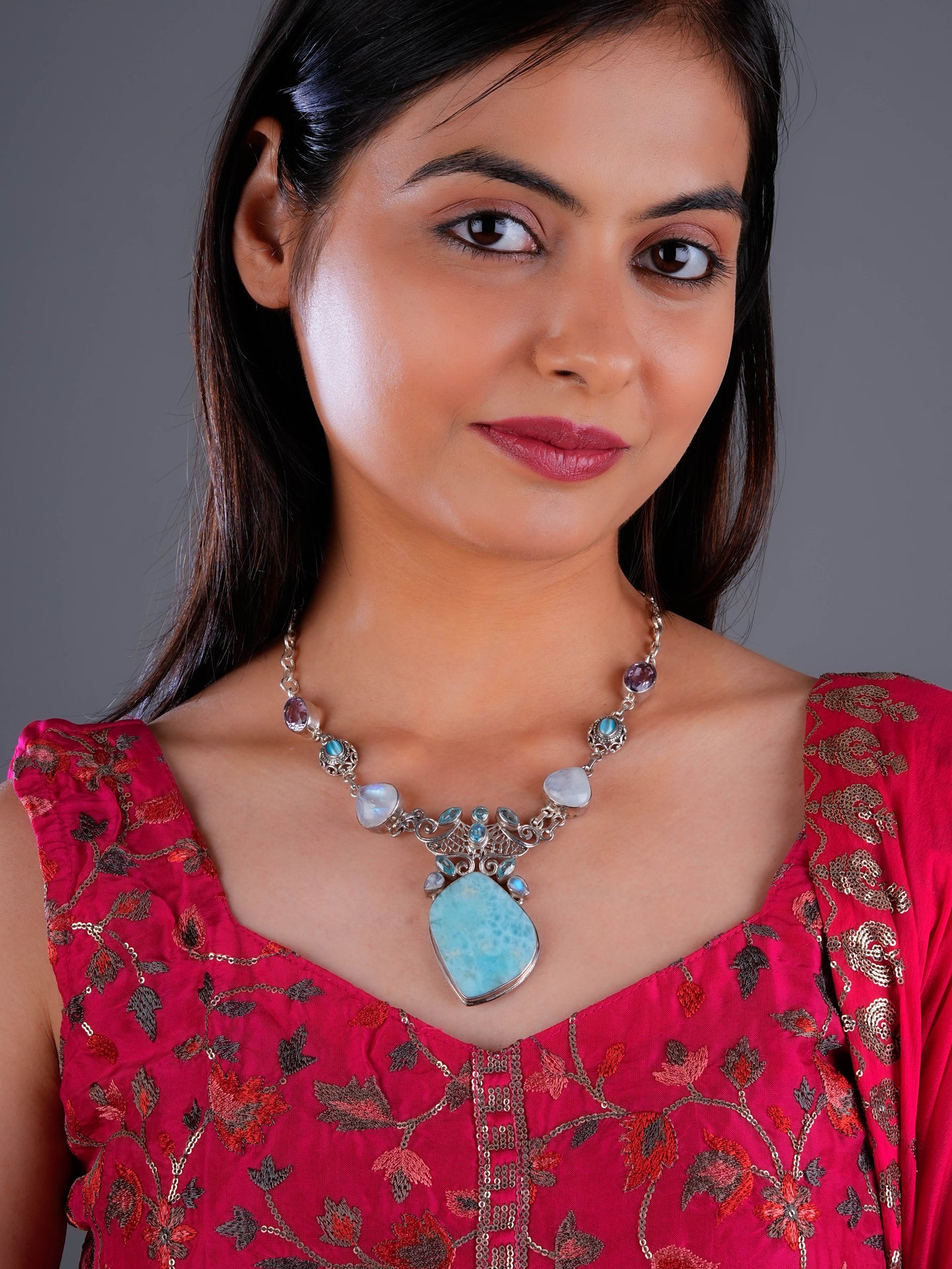 Larimar Multi Stone Silver Statement Necklace