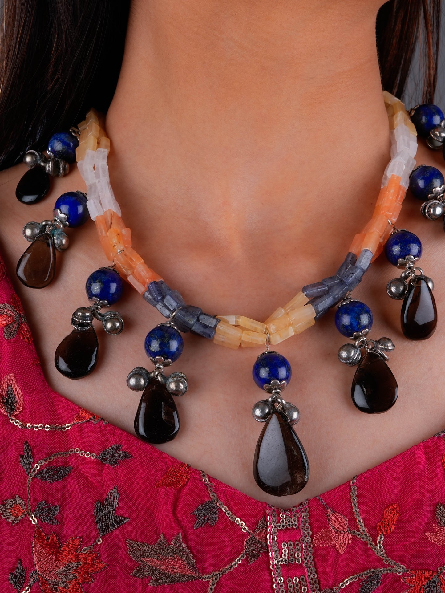 Silver Multi-stone Smoky Drops Designer Necklace