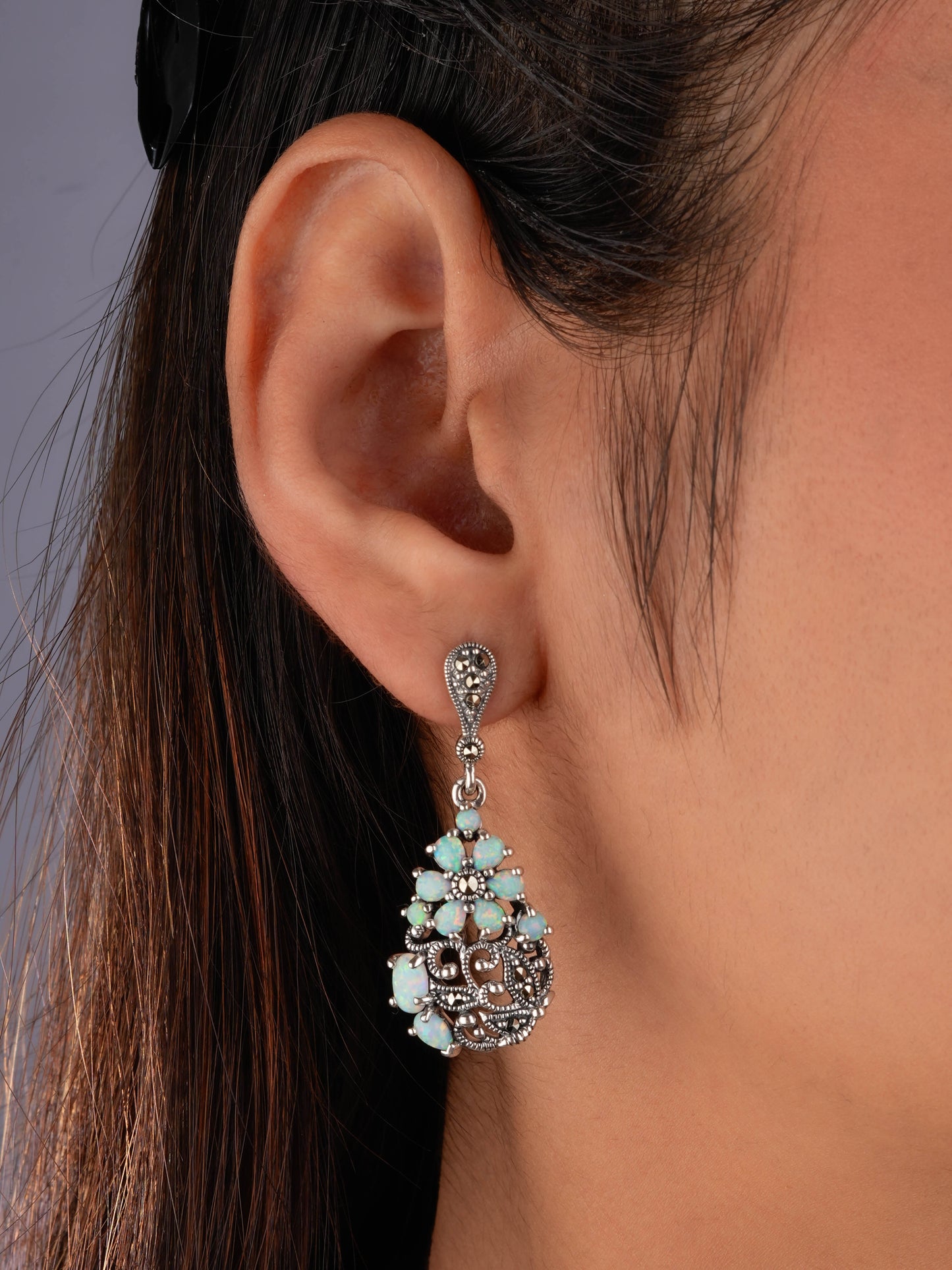 Dreamy Opal Marcasite Silver Drop Earrings