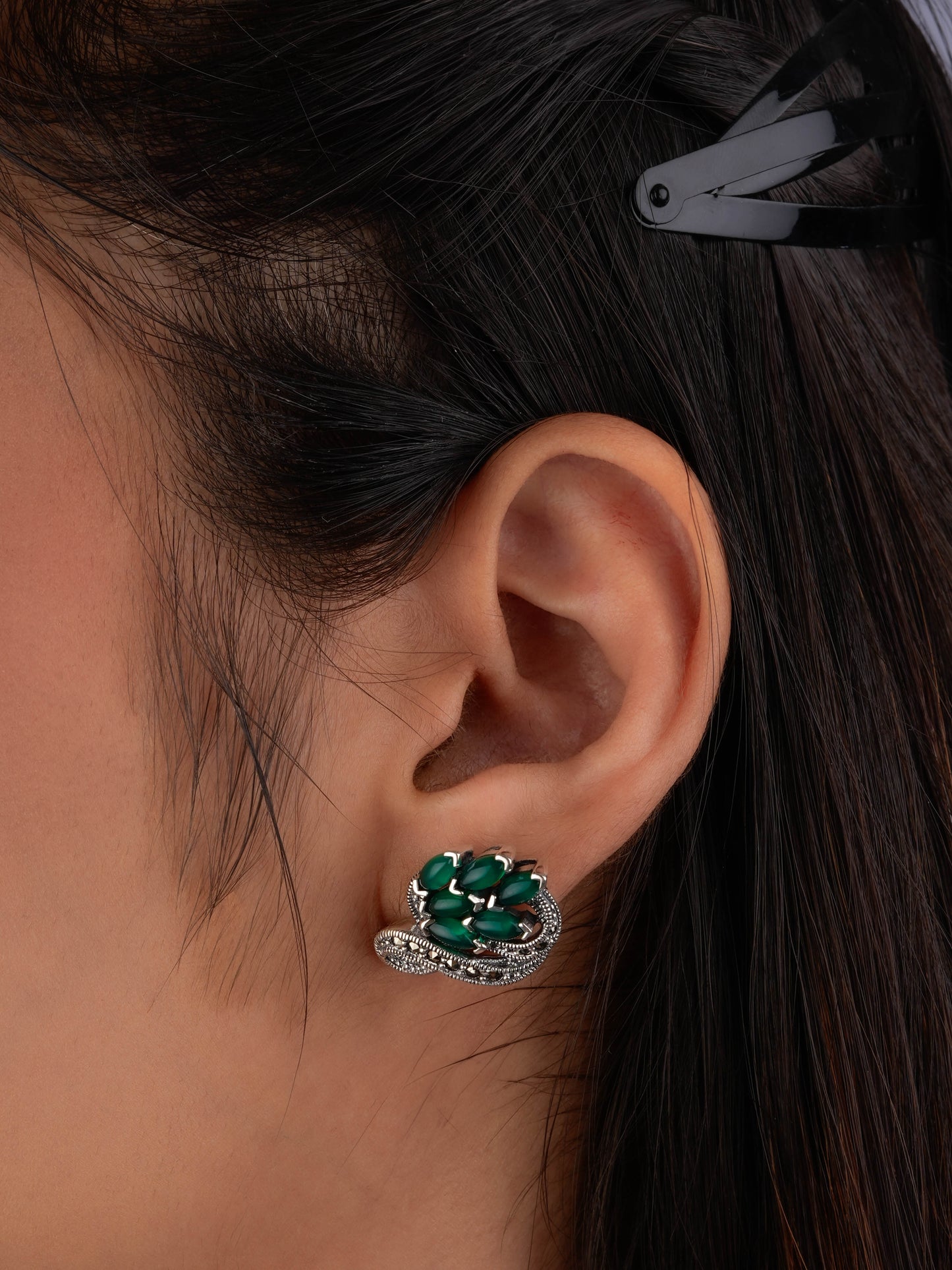 Lush Green Onyx Marcasite Drop Silver Earrings