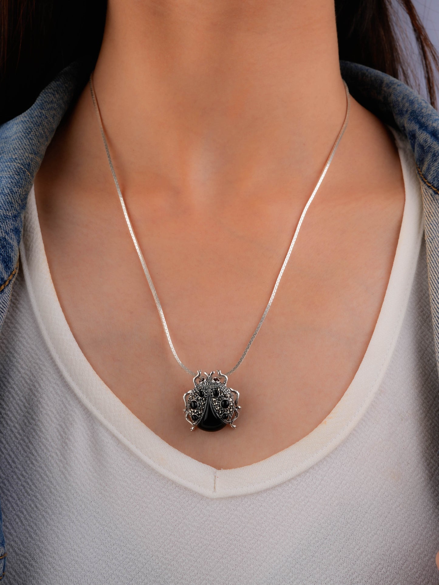 Midnight Ladybug: Marcasite Silver Pendant