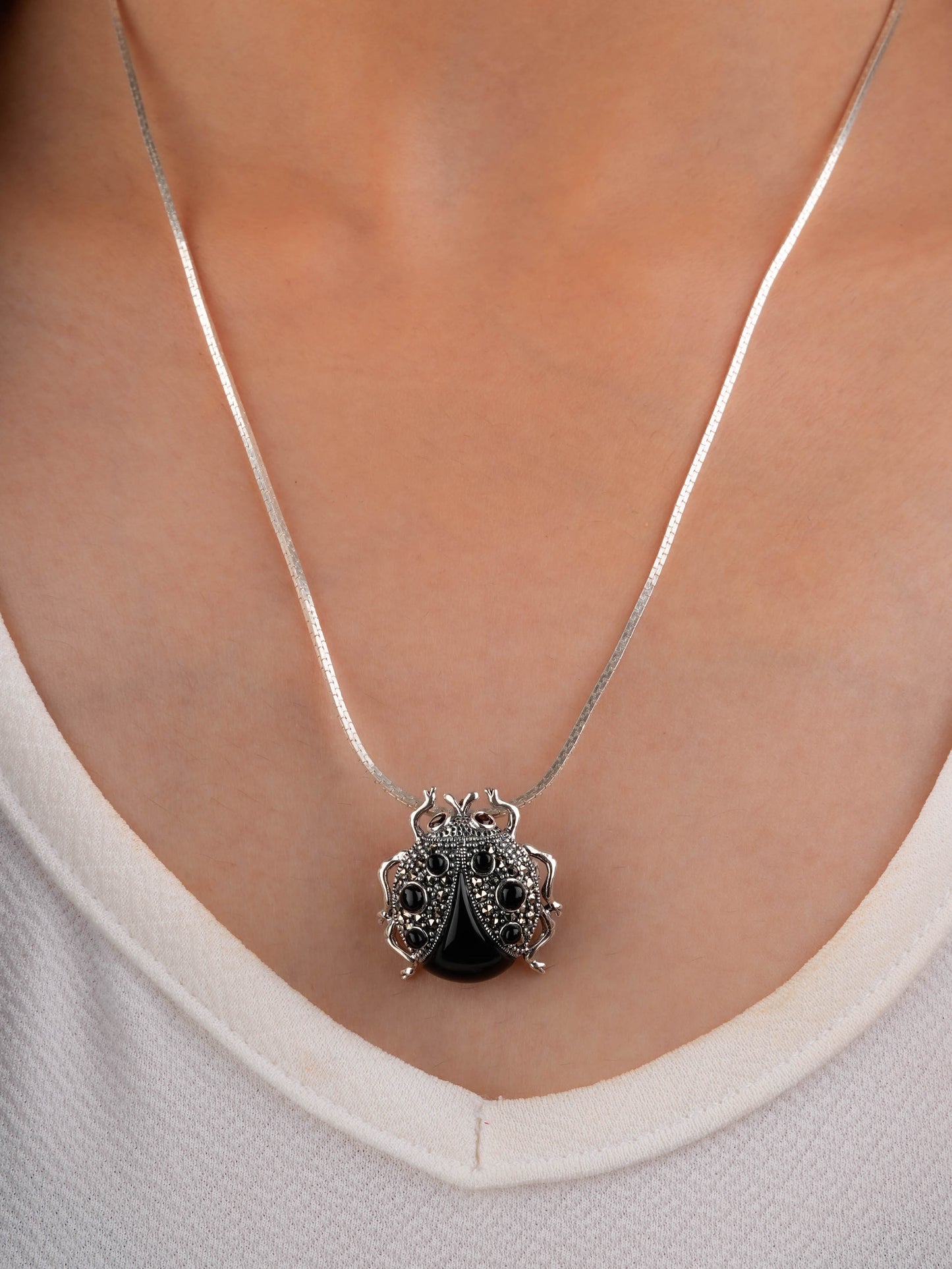 Midnight Ladybug: Marcasite Silver Pendant