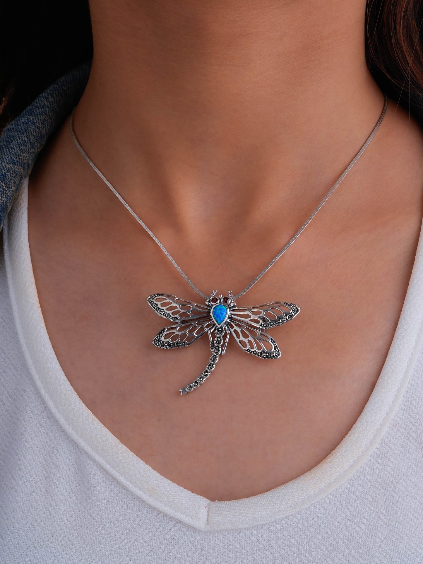 Celestial Dance: Marcasite Dragonfly Opal Pendant