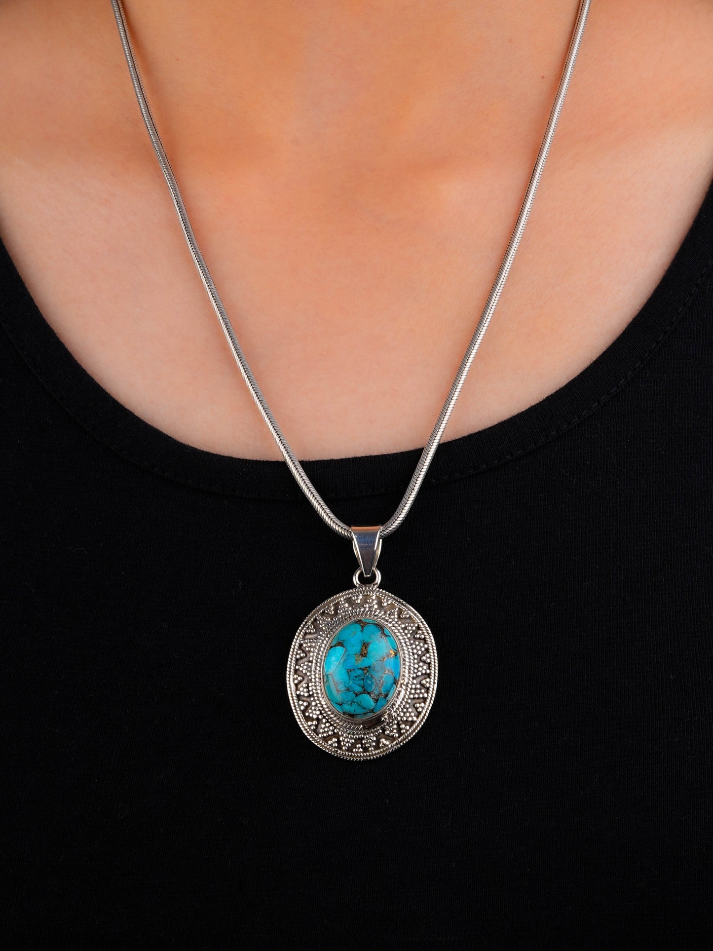 Chrysocolla & Silver Oval Pendant