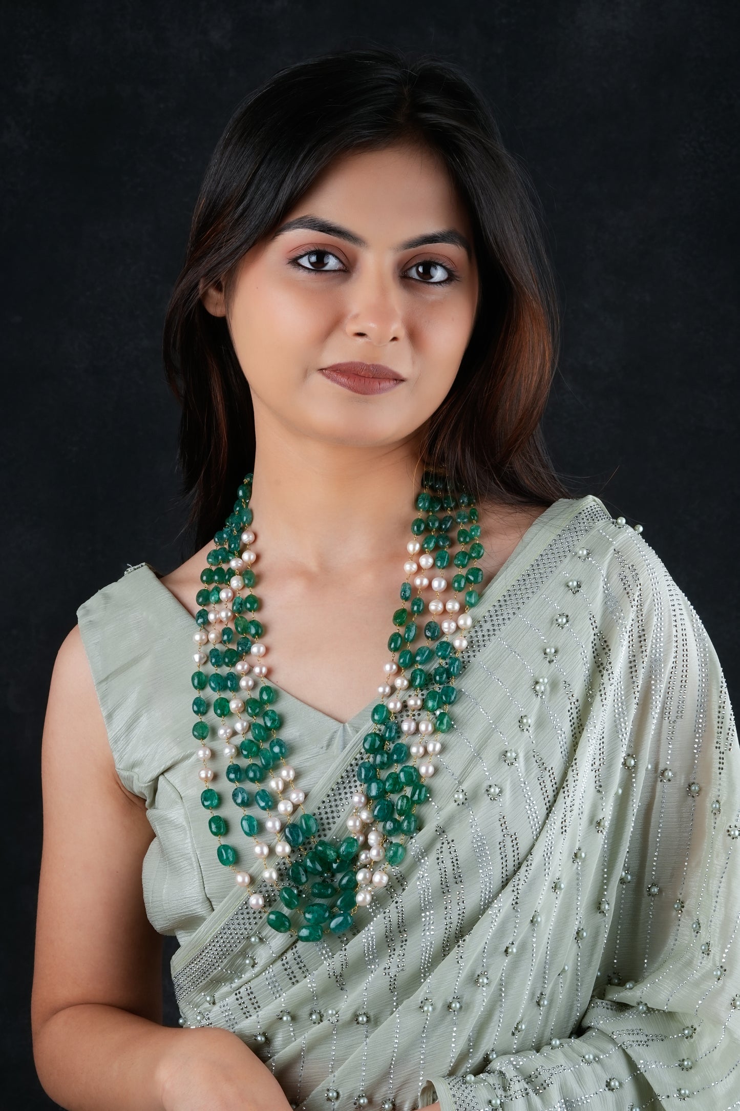 Emerald Green Pearls Multilayered Necklace