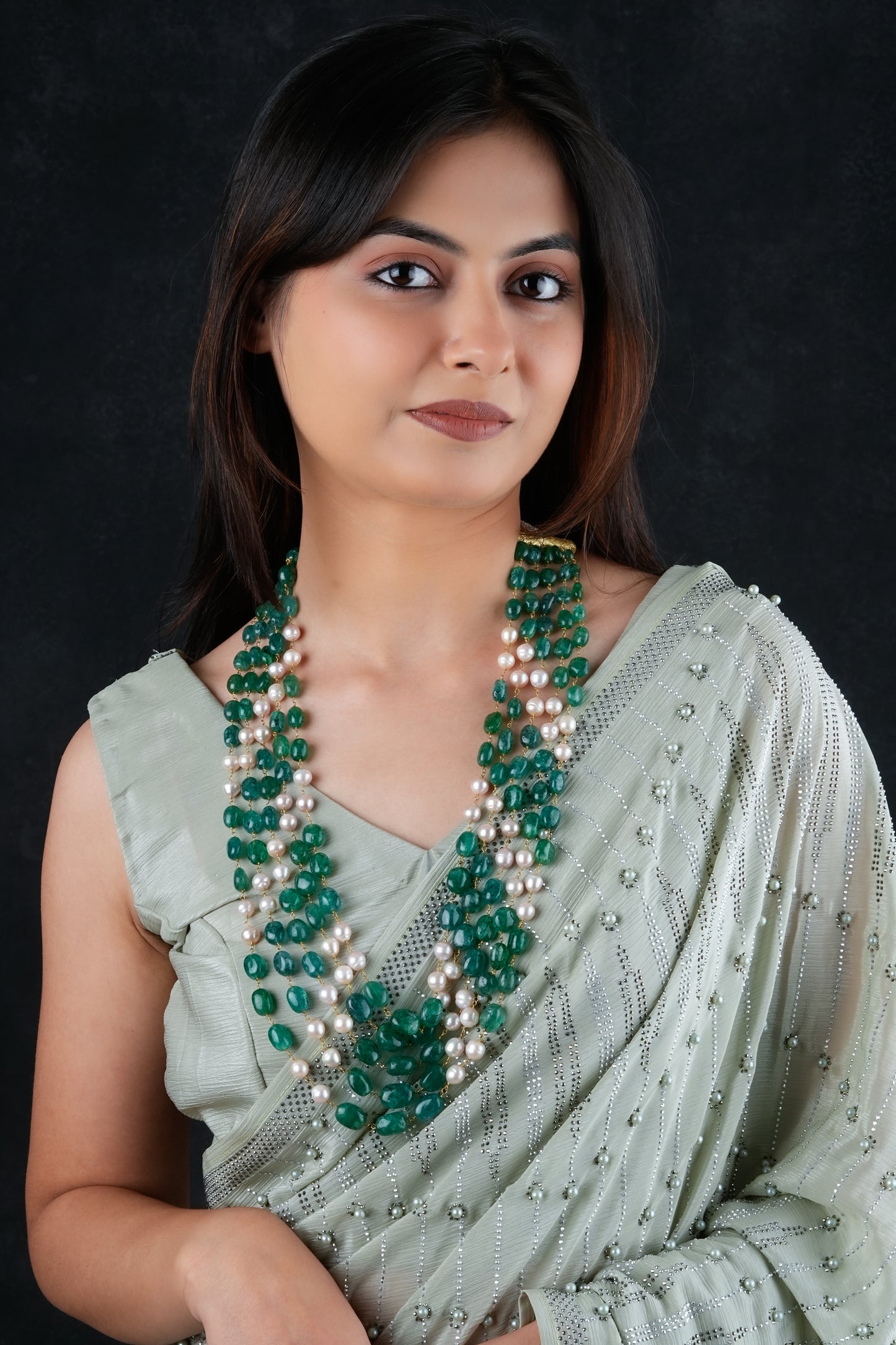 Emerald Green Pearls Multilayered Necklace