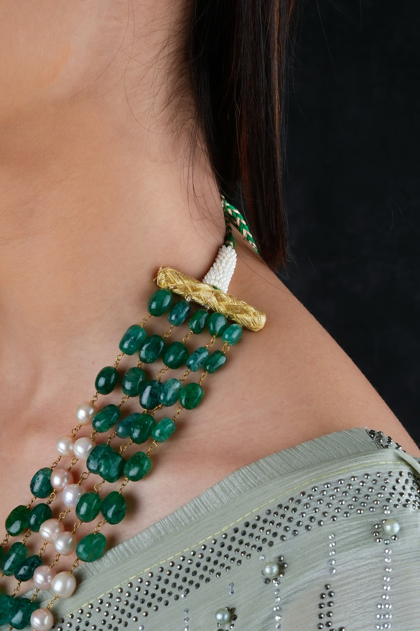 Emerald Green Pearls Multilayered Necklace