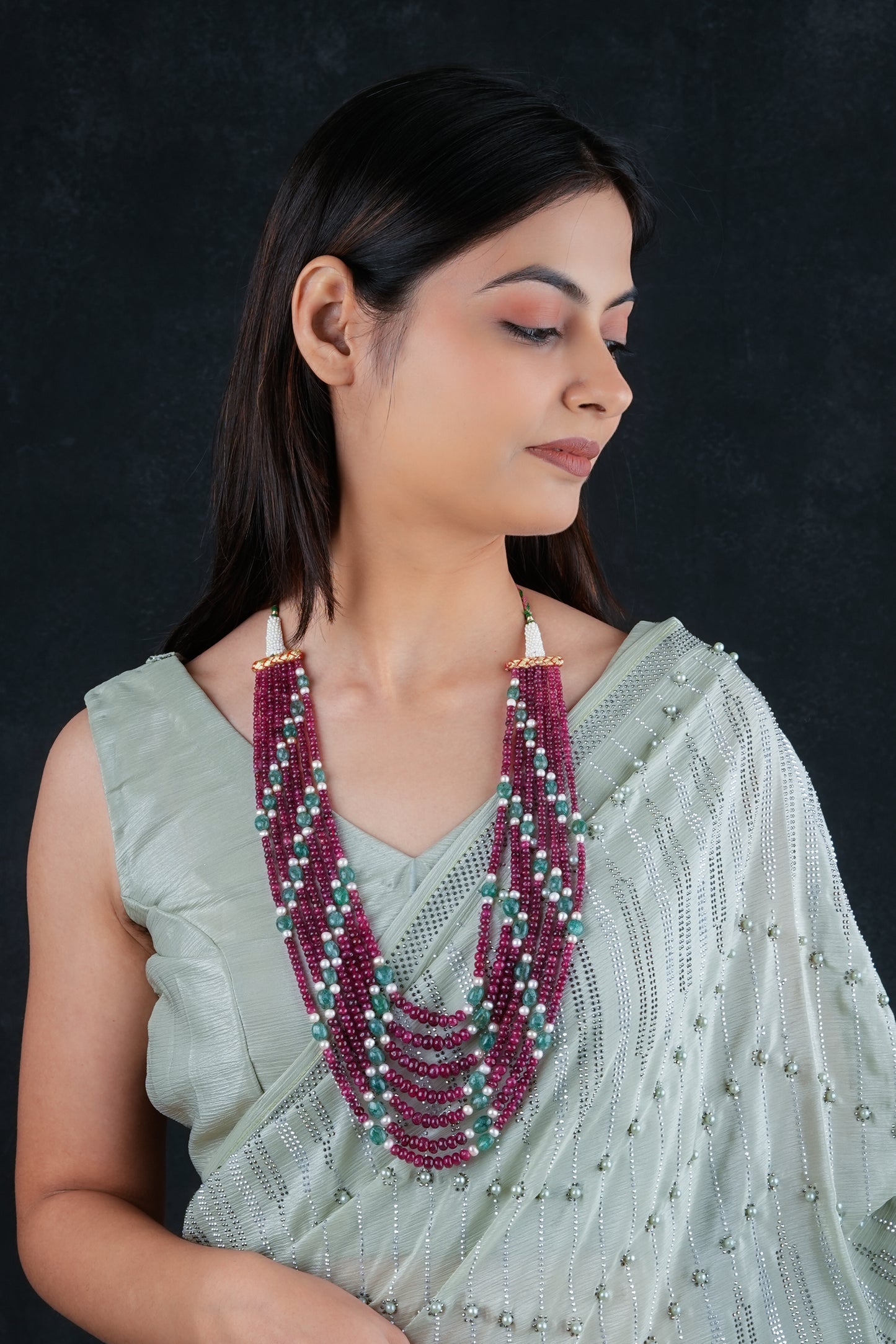 Ruby Emerald and Pearl Multilayered Necklace