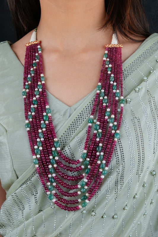 Ruby Emerald and Pearl Multilayered Necklace