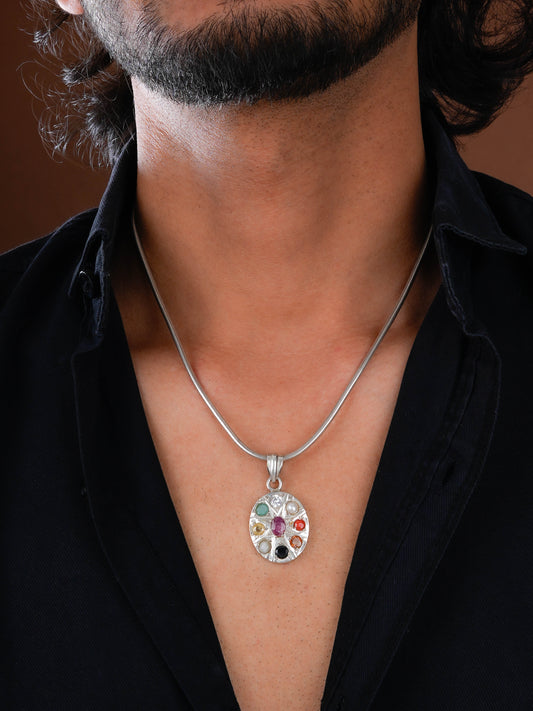 Silver Navratna Pendant