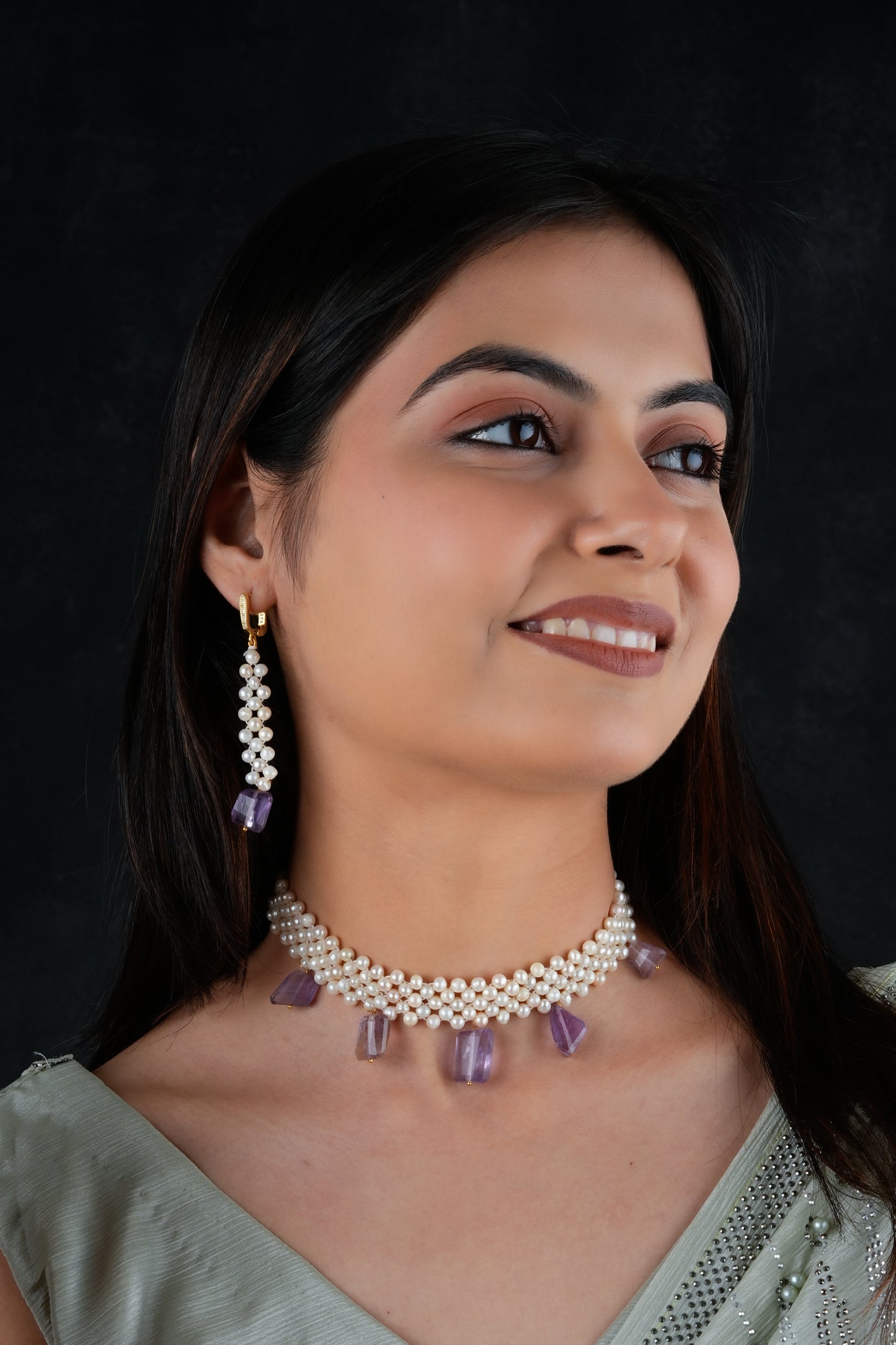 Freshwater Pearl And Amethyst Chatai Necklace Set