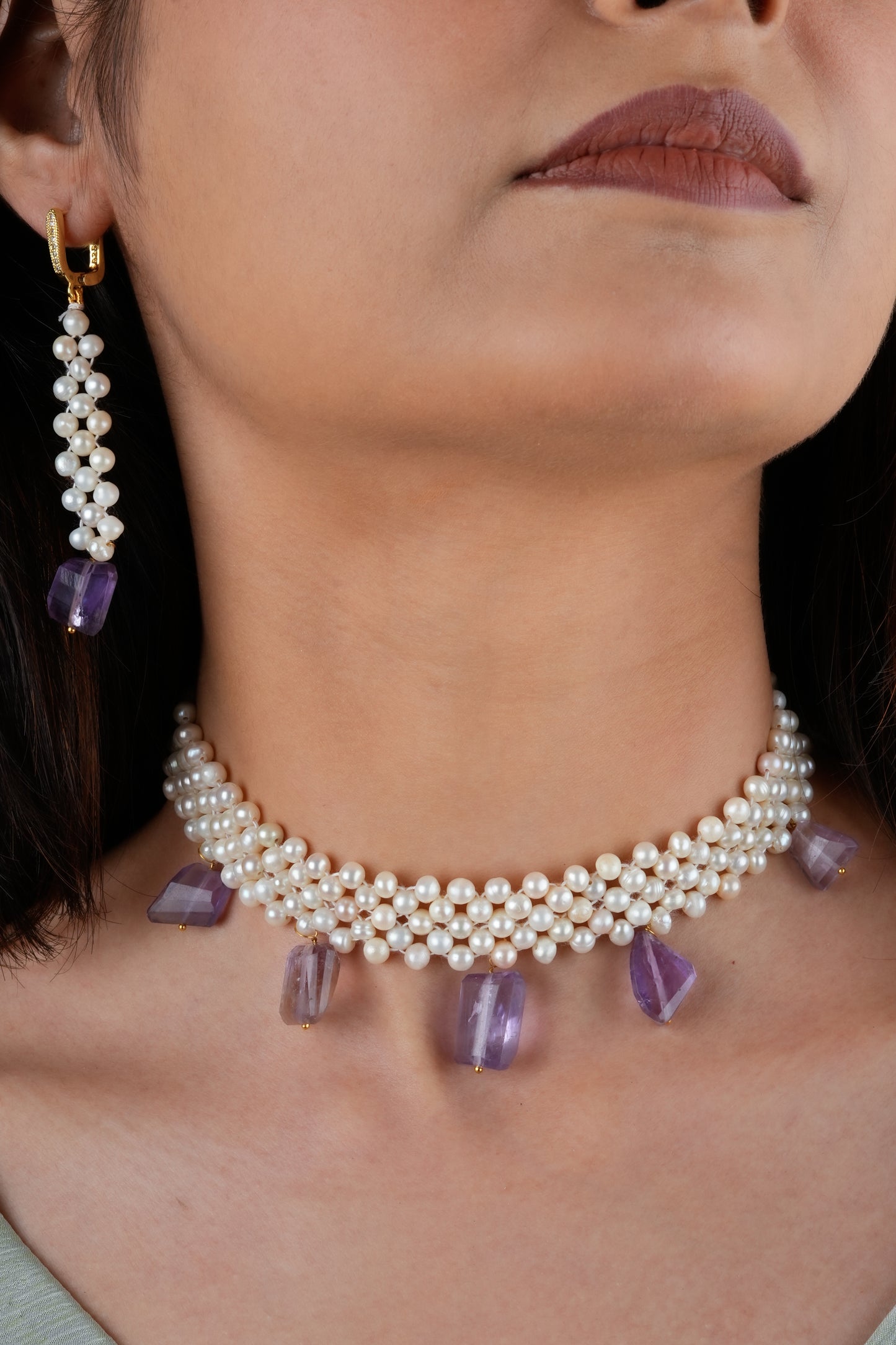 Freshwater Pearl And Amethyst Chatai Necklace Set