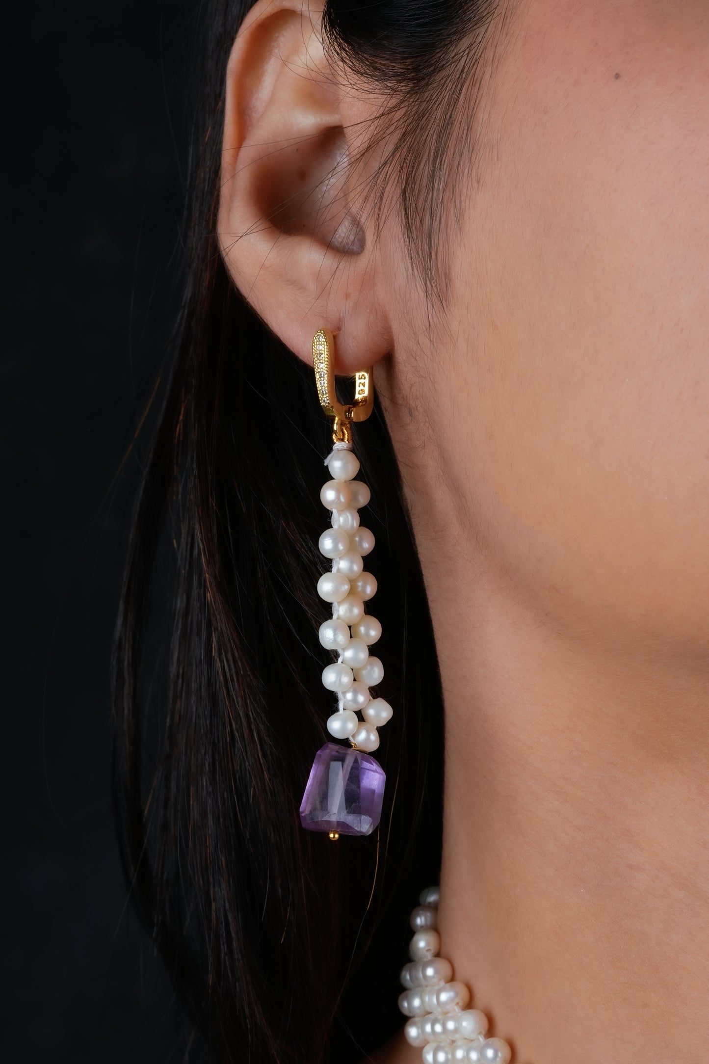 Amethyst Pearl Drops Earrings