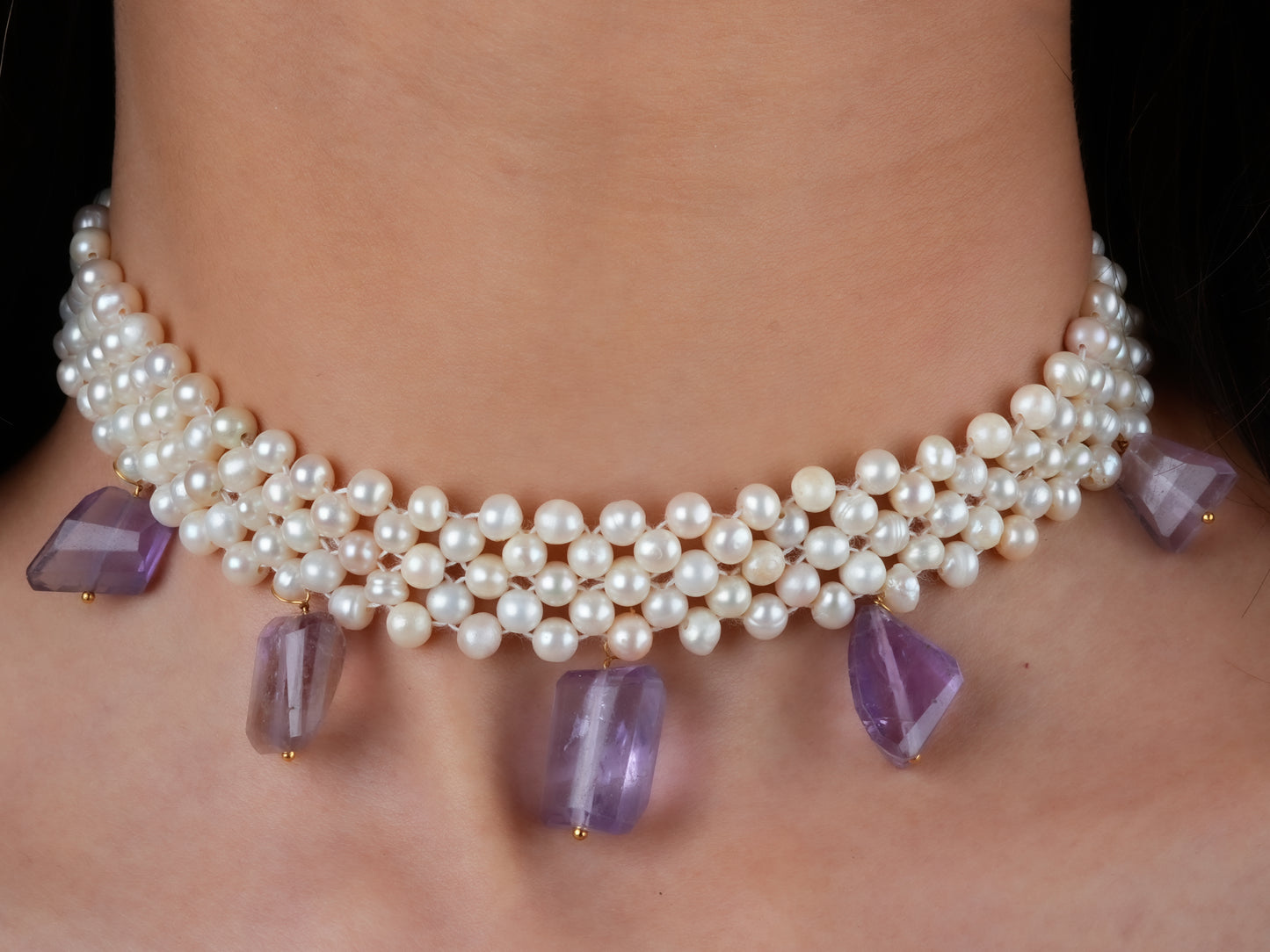 Freshwater Pearl And Amethyst Chatai Necklace Set