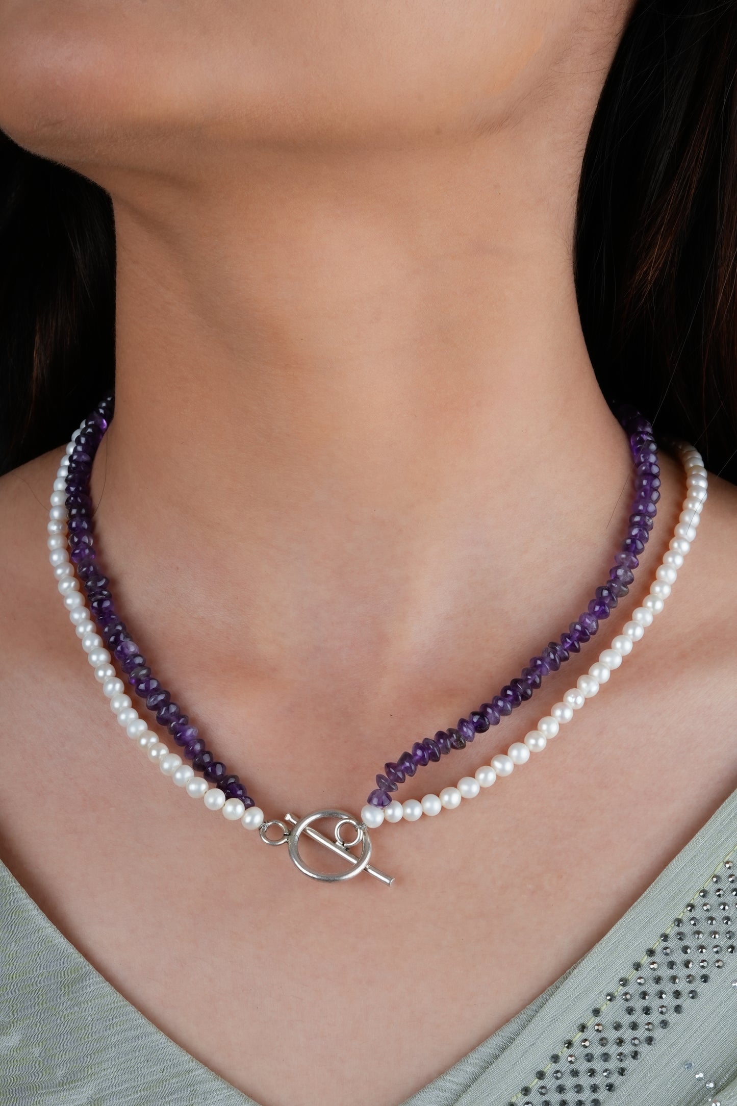 Pearl Amethyst Double Layered Necklace