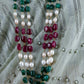 Ruby Emerald Pearl Long  Triple Layered Necklace