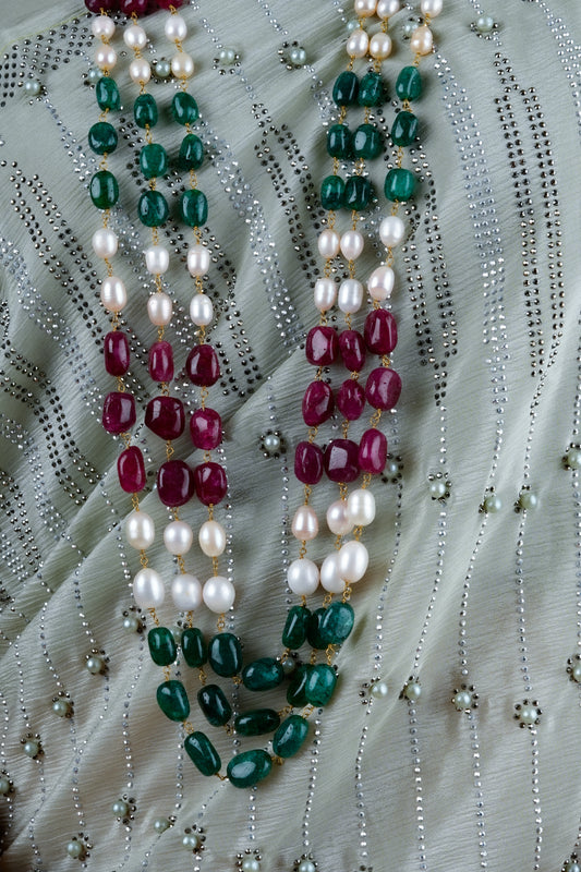 Ruby Emerald Pearl Long  Triple Layered Necklace