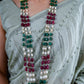 Ruby Emerald Pearl Long  Triple Layered Necklace