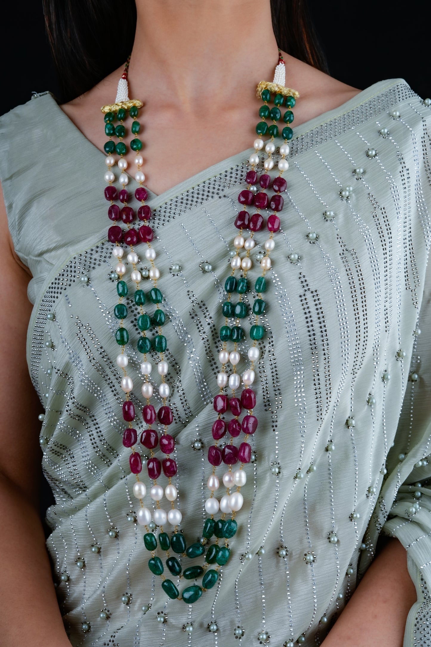 Ruby Emerald Pearl Long  Triple Layered Necklace