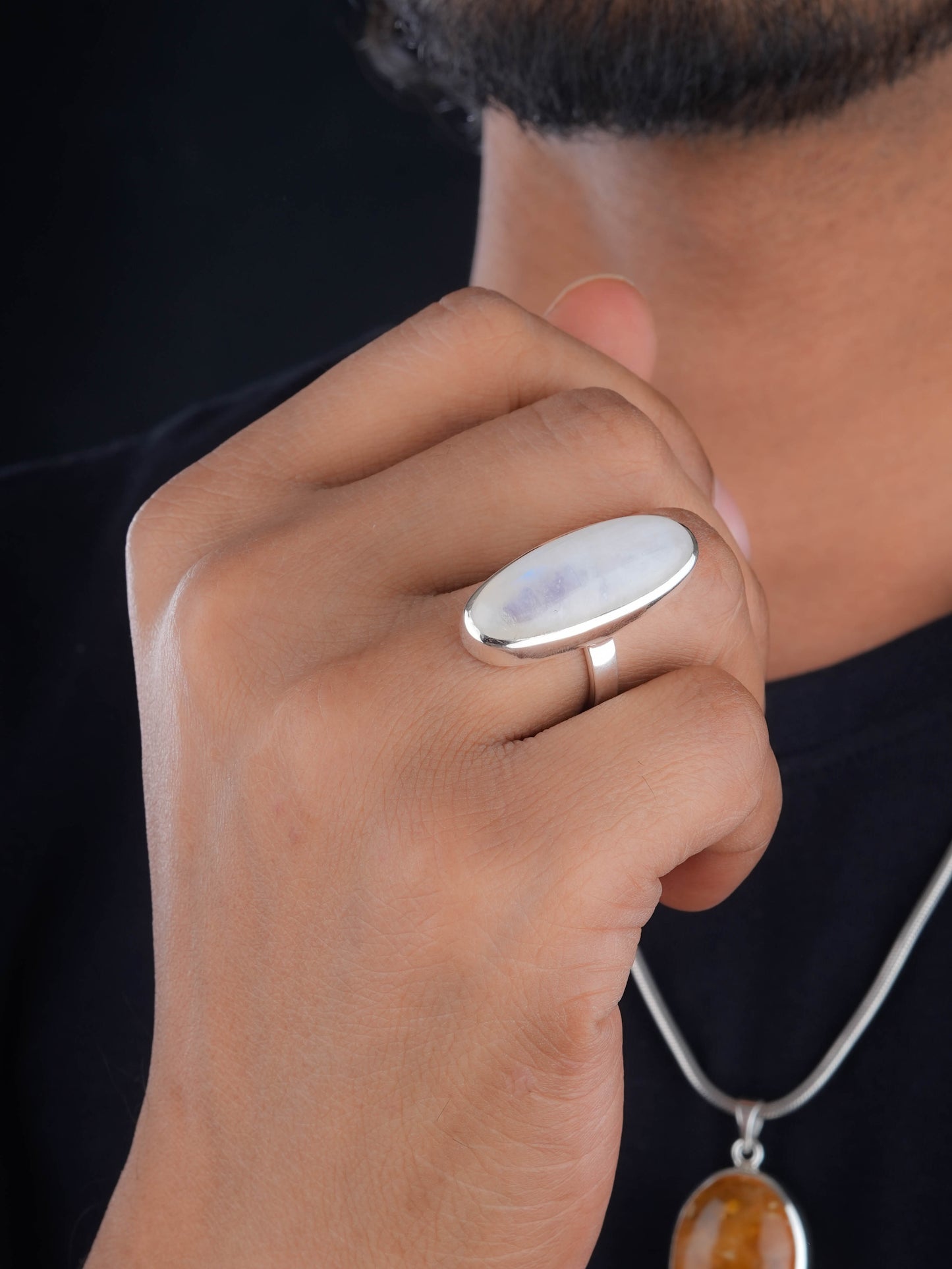 Oblong Moonstone Silver Ring