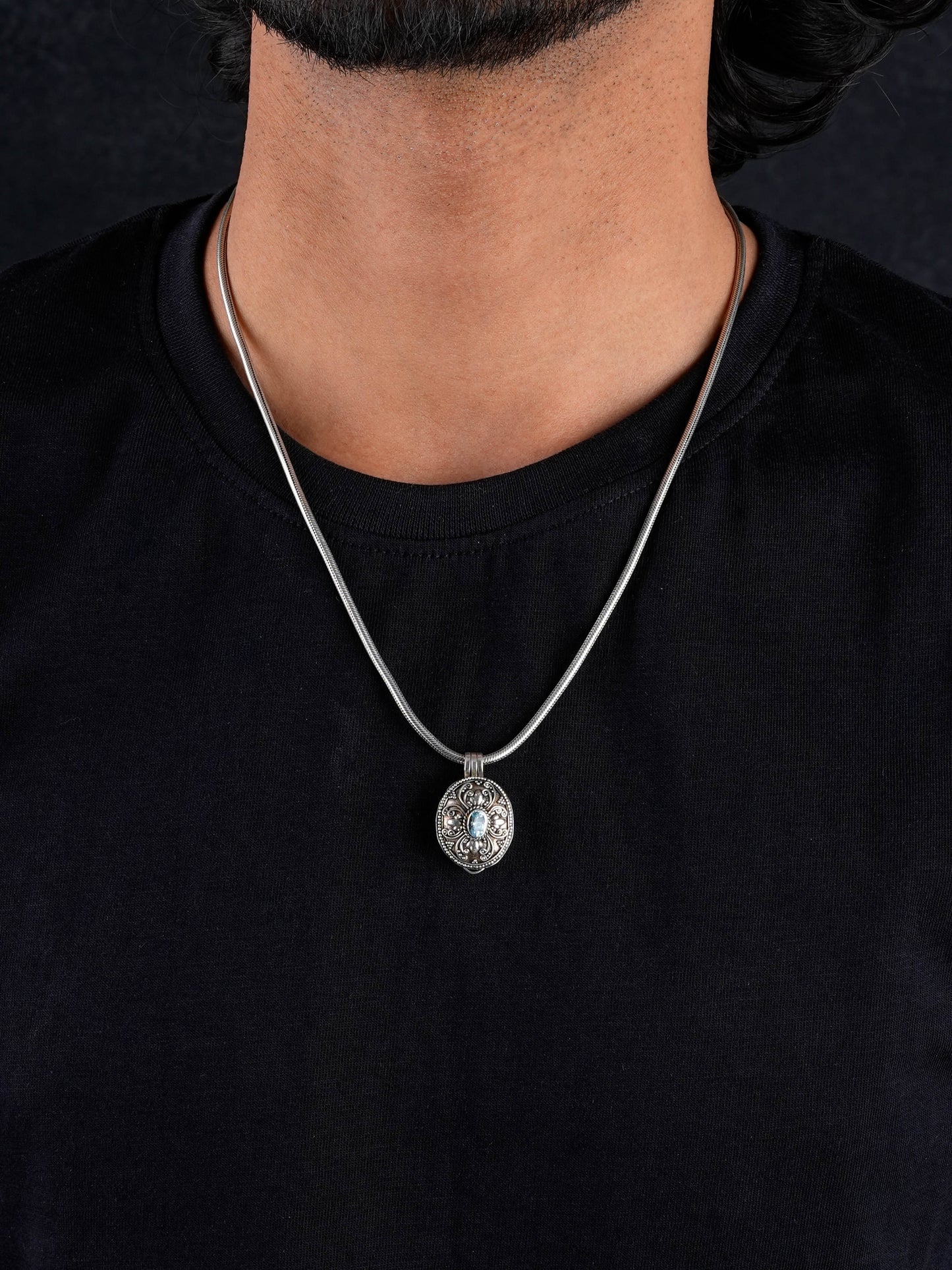 Aquamarine Studded Silver Taweez Pendant