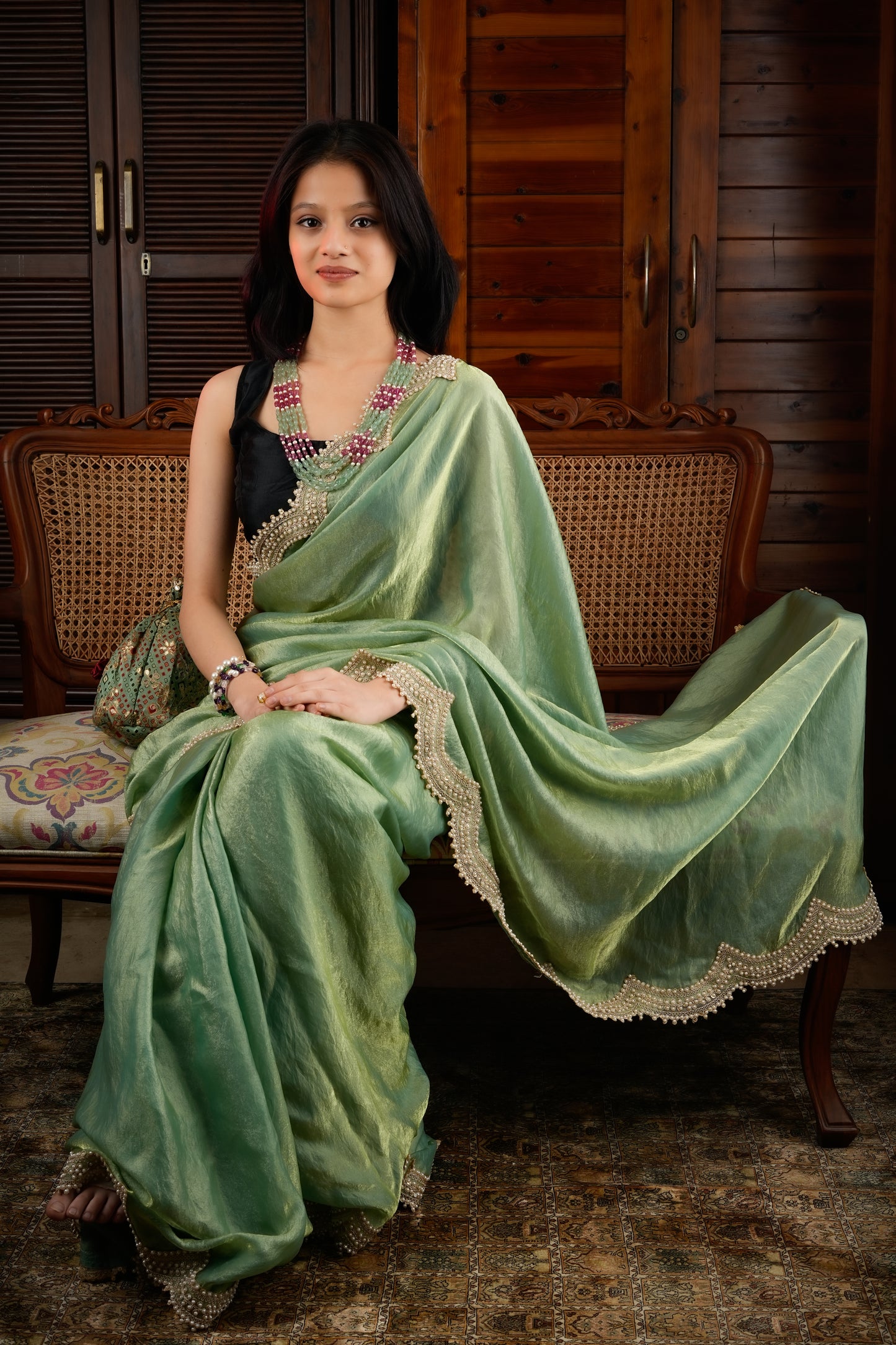 Totapari Pistachio Green Sequinned Saree