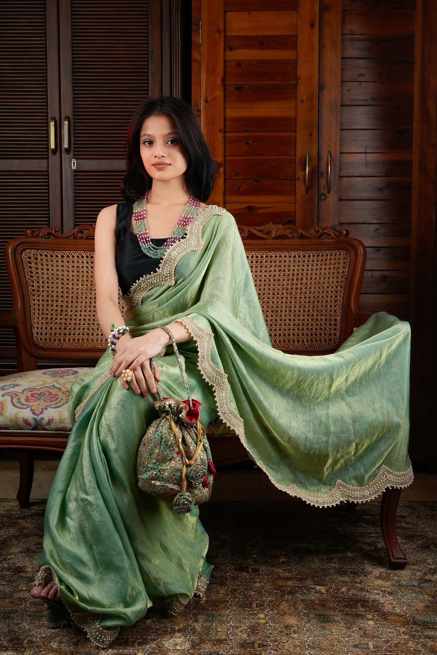 Totapari Pistachio Green Sequinned Saree
