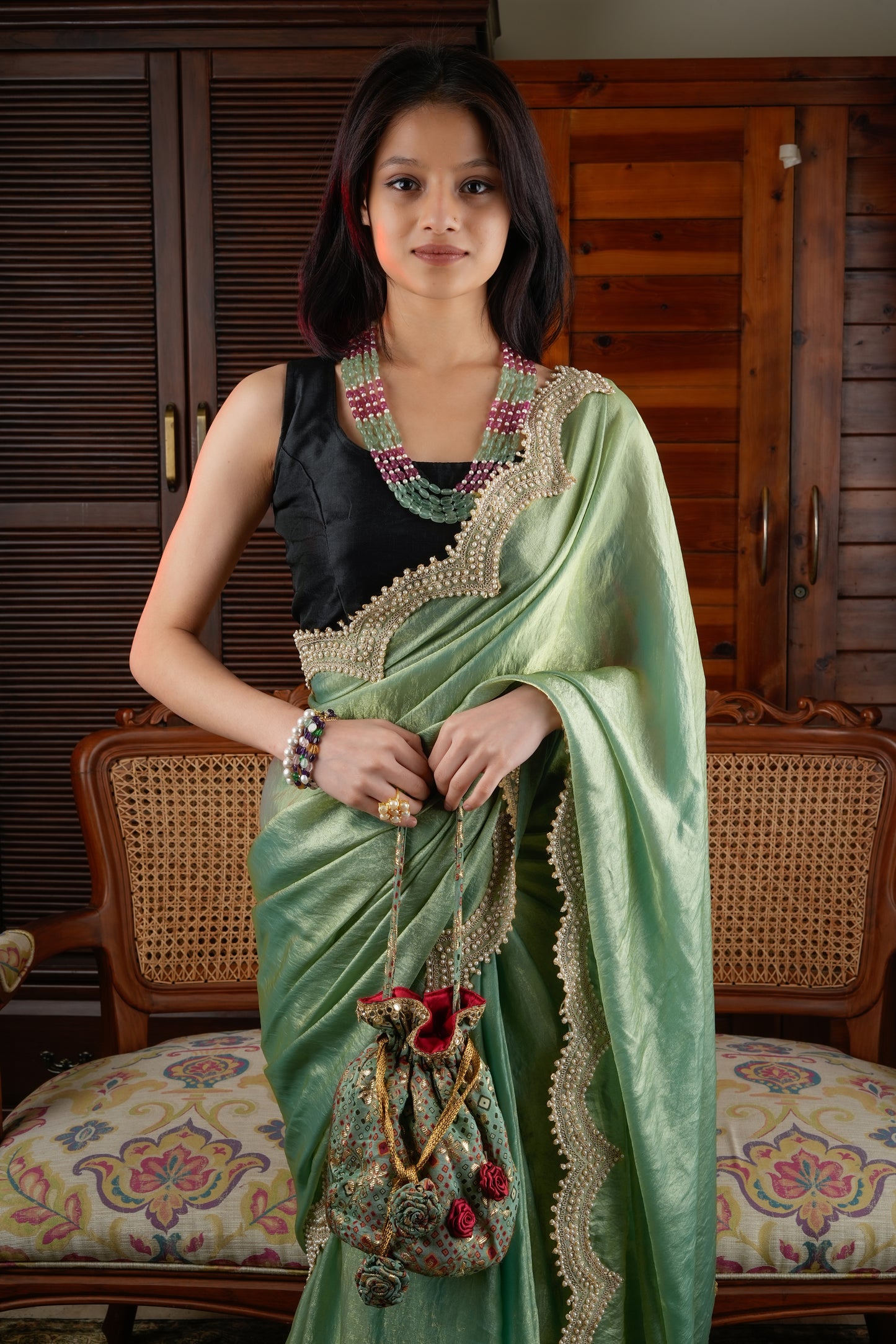 Totapari Pistachio Green Sequinned Saree