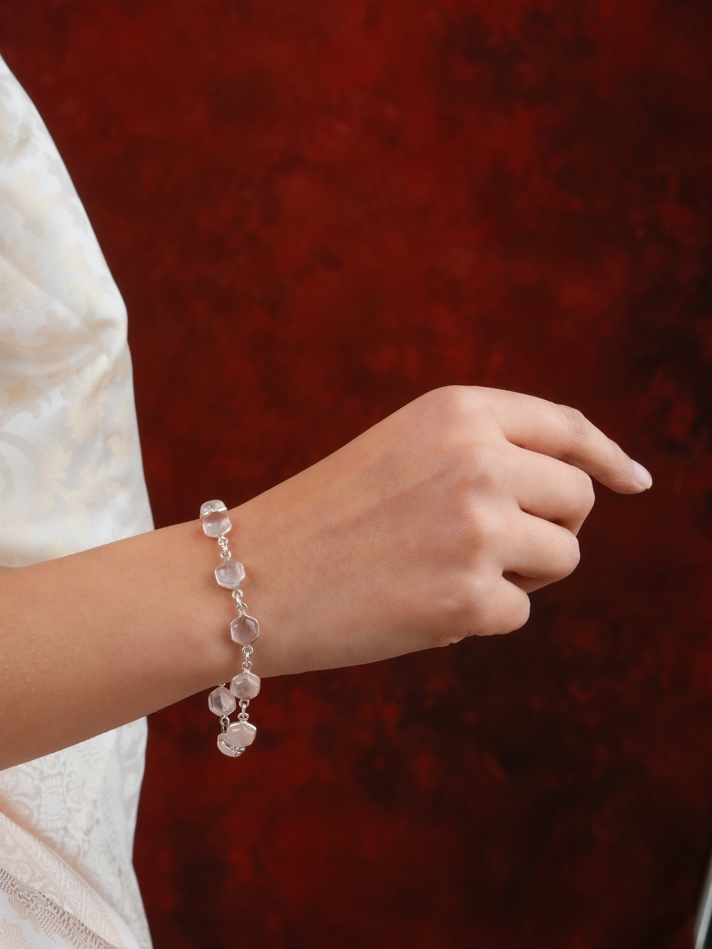 Hexagonal Rose Quartz And Silver Bracelet