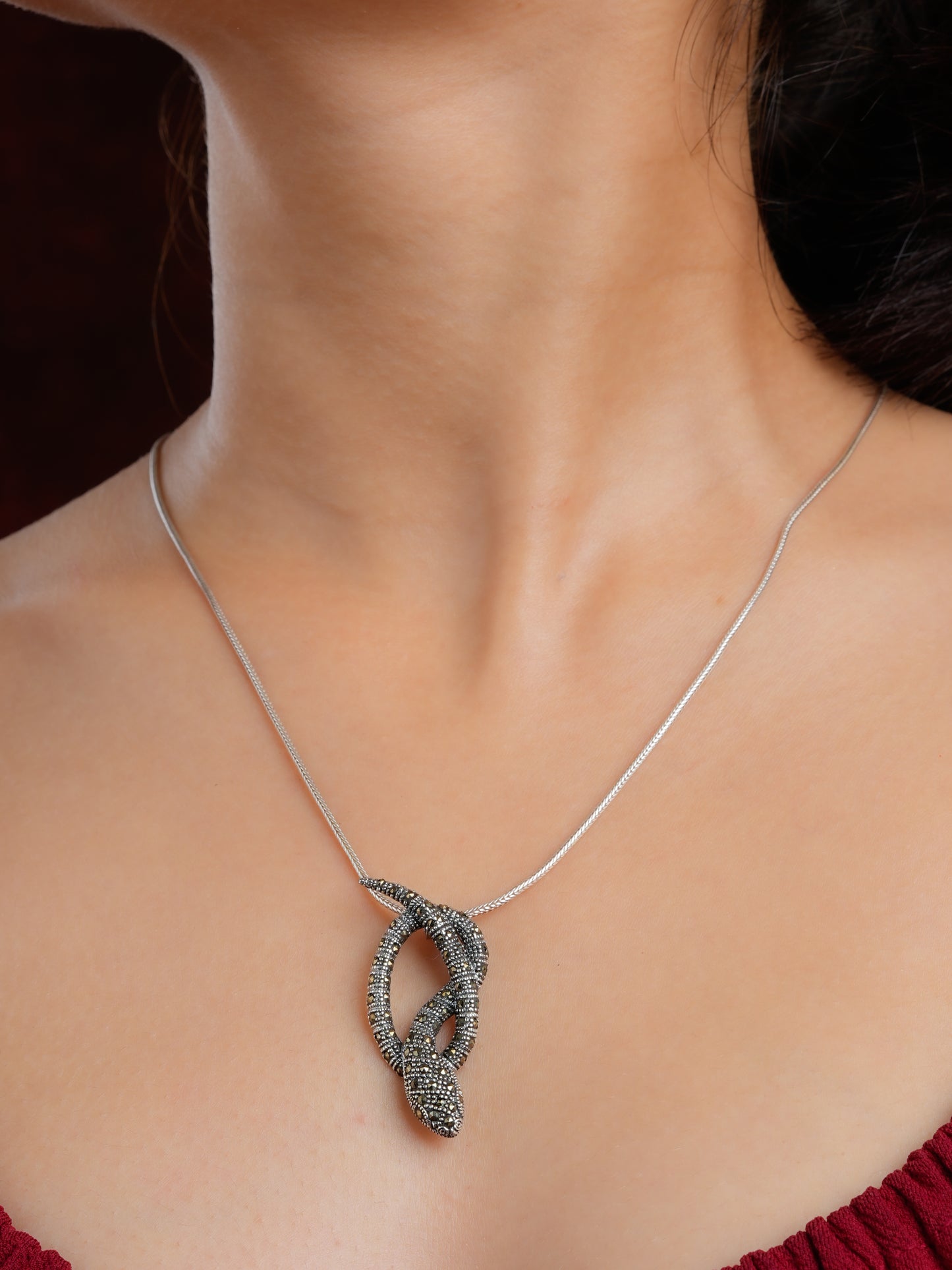 Coiled Snake Silver Marcasite Pendant