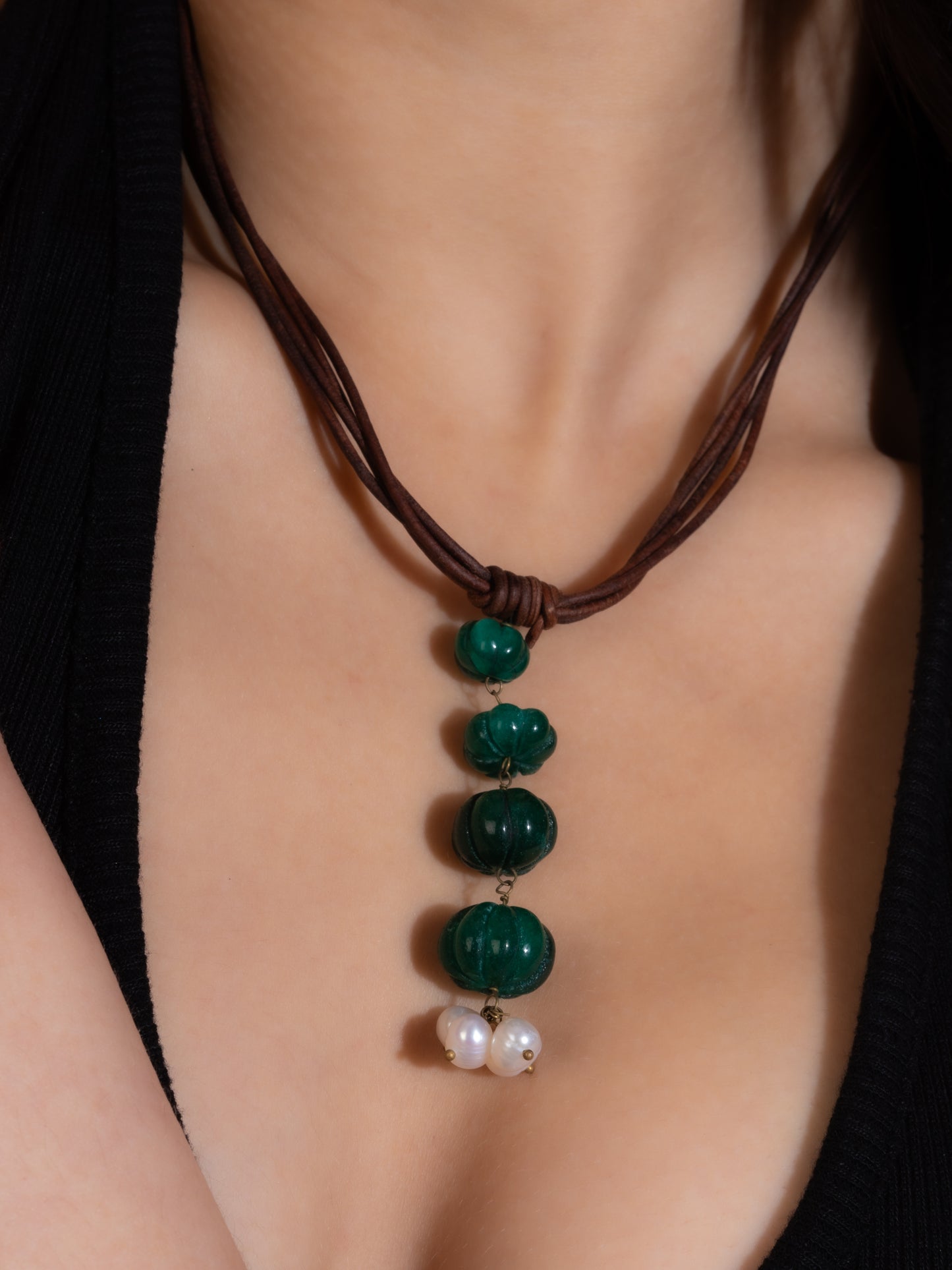 Leather Chord Necklace With Green Quartz And Pearls