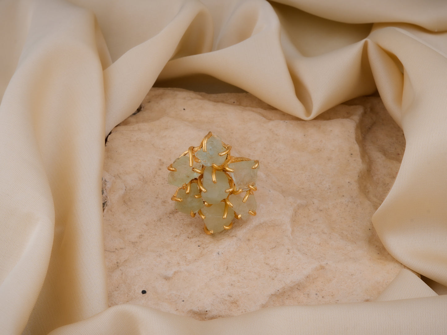 Uncut  Pale Green Quartz Flower Ring