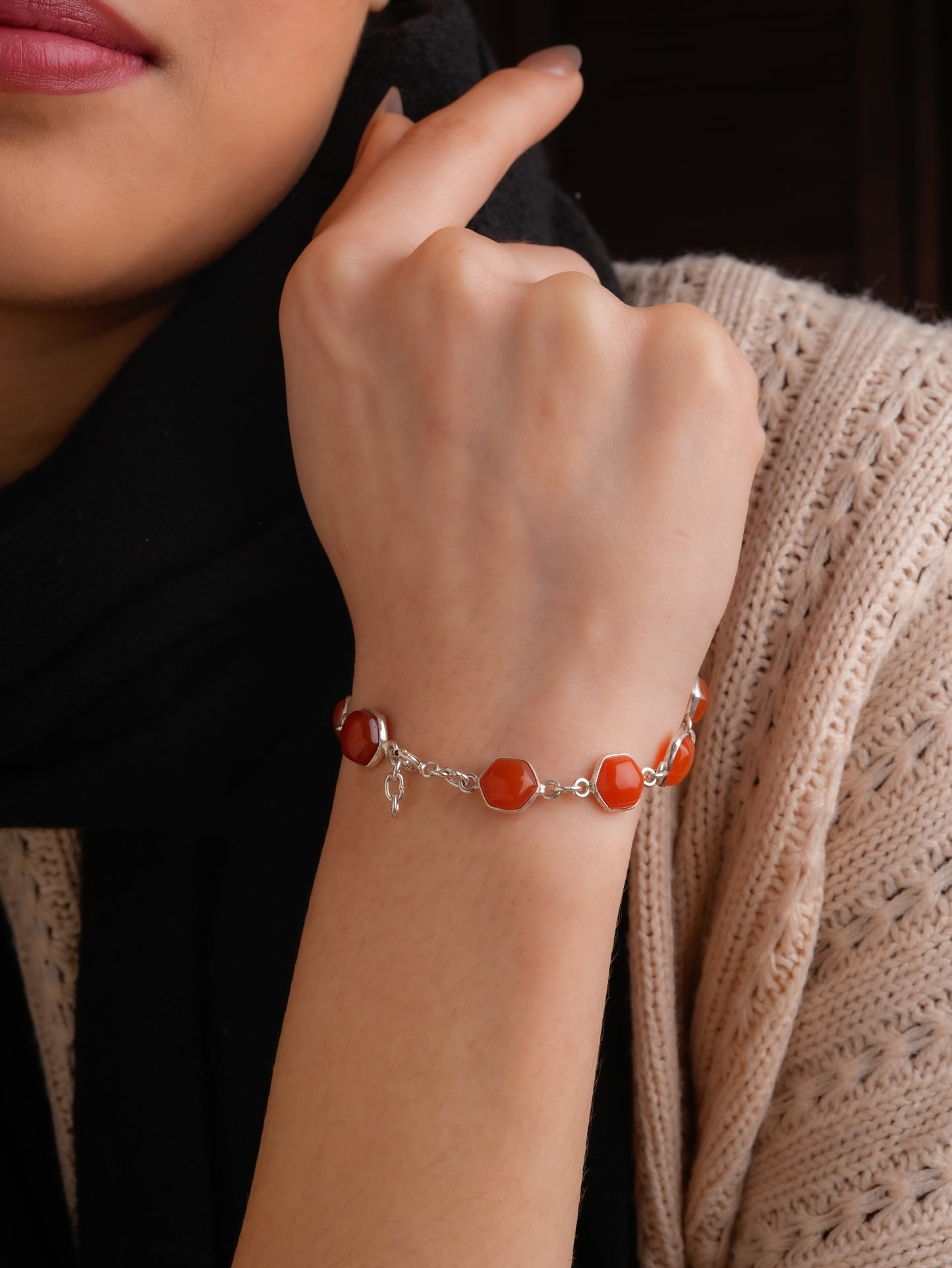 Carnelian Hexagons Silver Bracelet