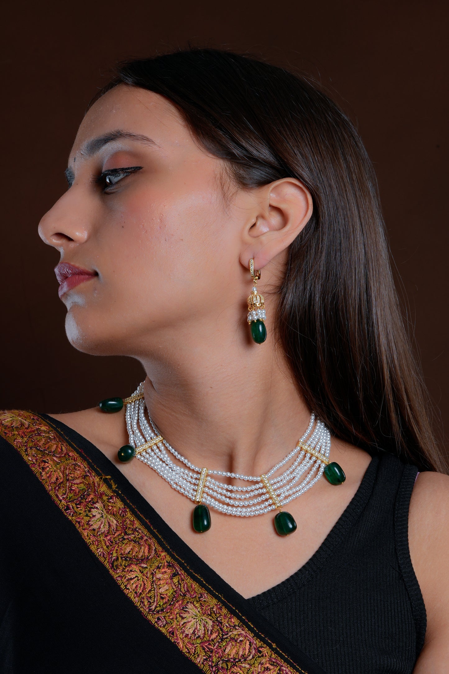 Emeral Drops Vaijayanti Layered Pearls Set