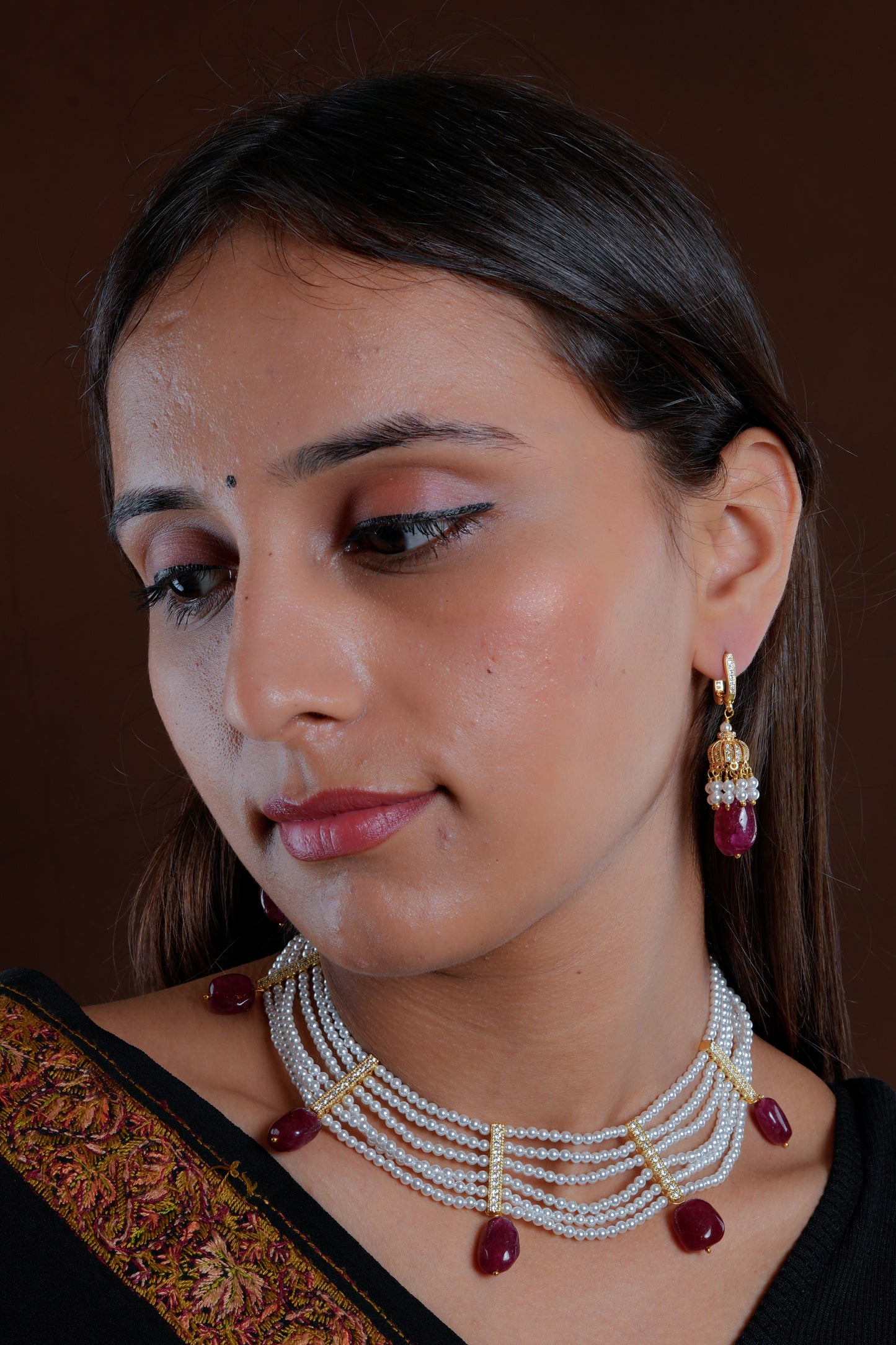 Ruby Drops Vaijayanti Layered Pearls Set