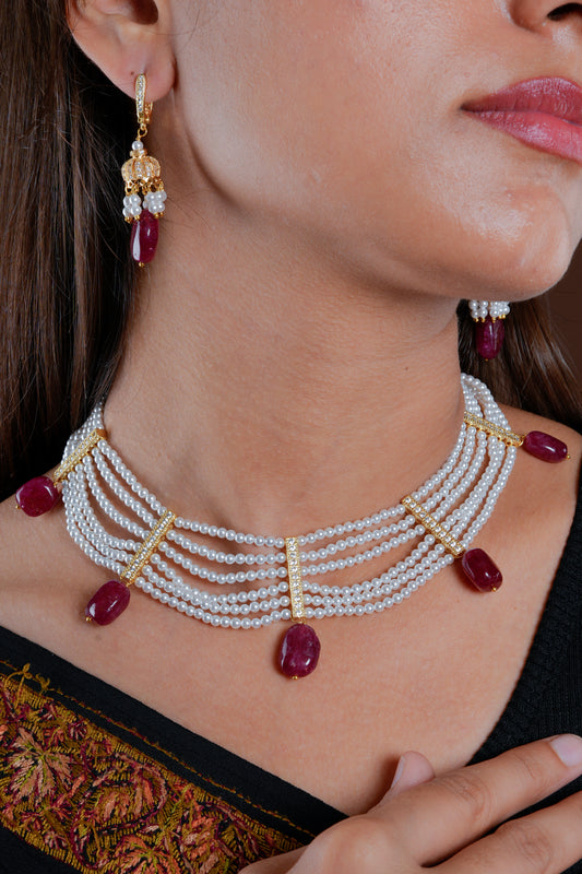 Ruby Drops Vaijayanti Layered Pearls Set